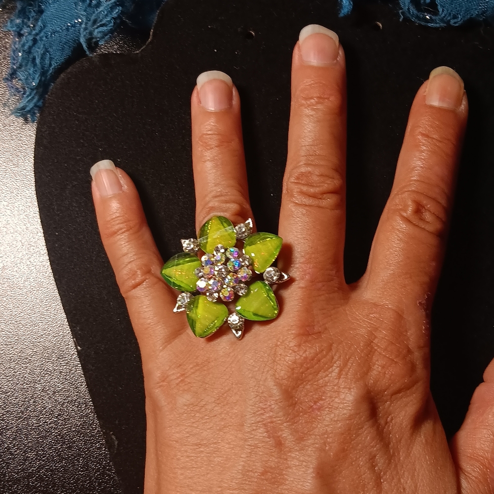 Elegant Green Floral Crystal Ring, Adjustable Size